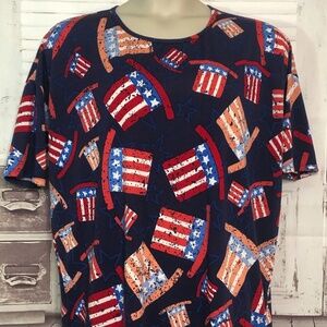 LuLaRoe Irma Patriotic Uncle Sam Top Hats 4th of July Red White Blue Shirt Large